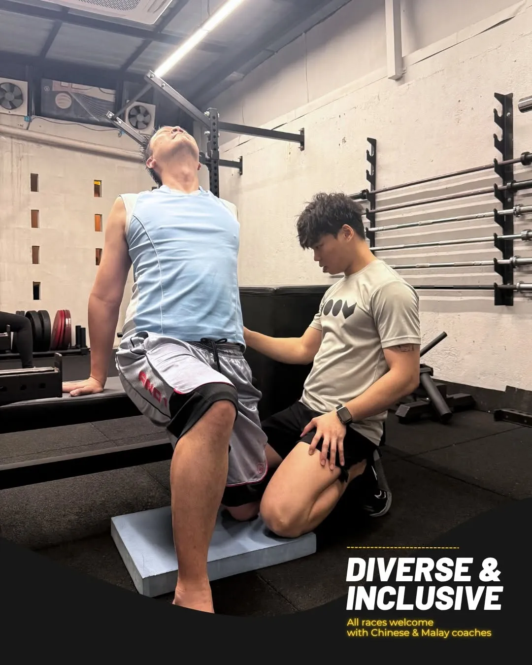 A Moov coach guiding a member through a supported stretch